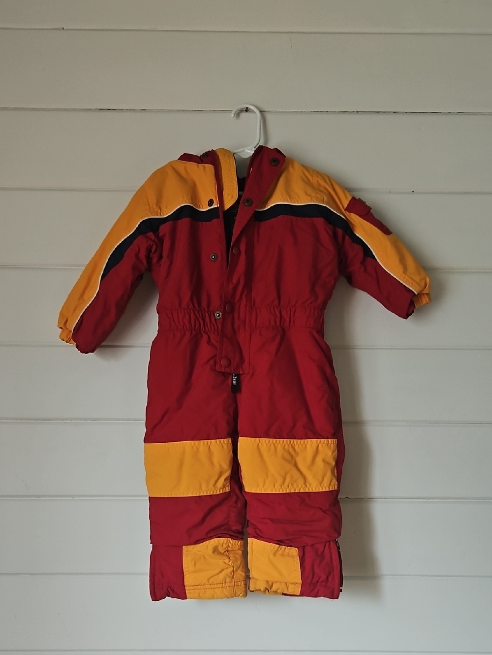 L.L. Bean Infant Hooded Colorblock Snowsuit - Red, Yellow, Navy (12-18M)